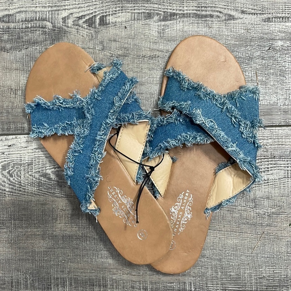 Charles Albert Criss Cross Frayed Denim Slide Sandals
